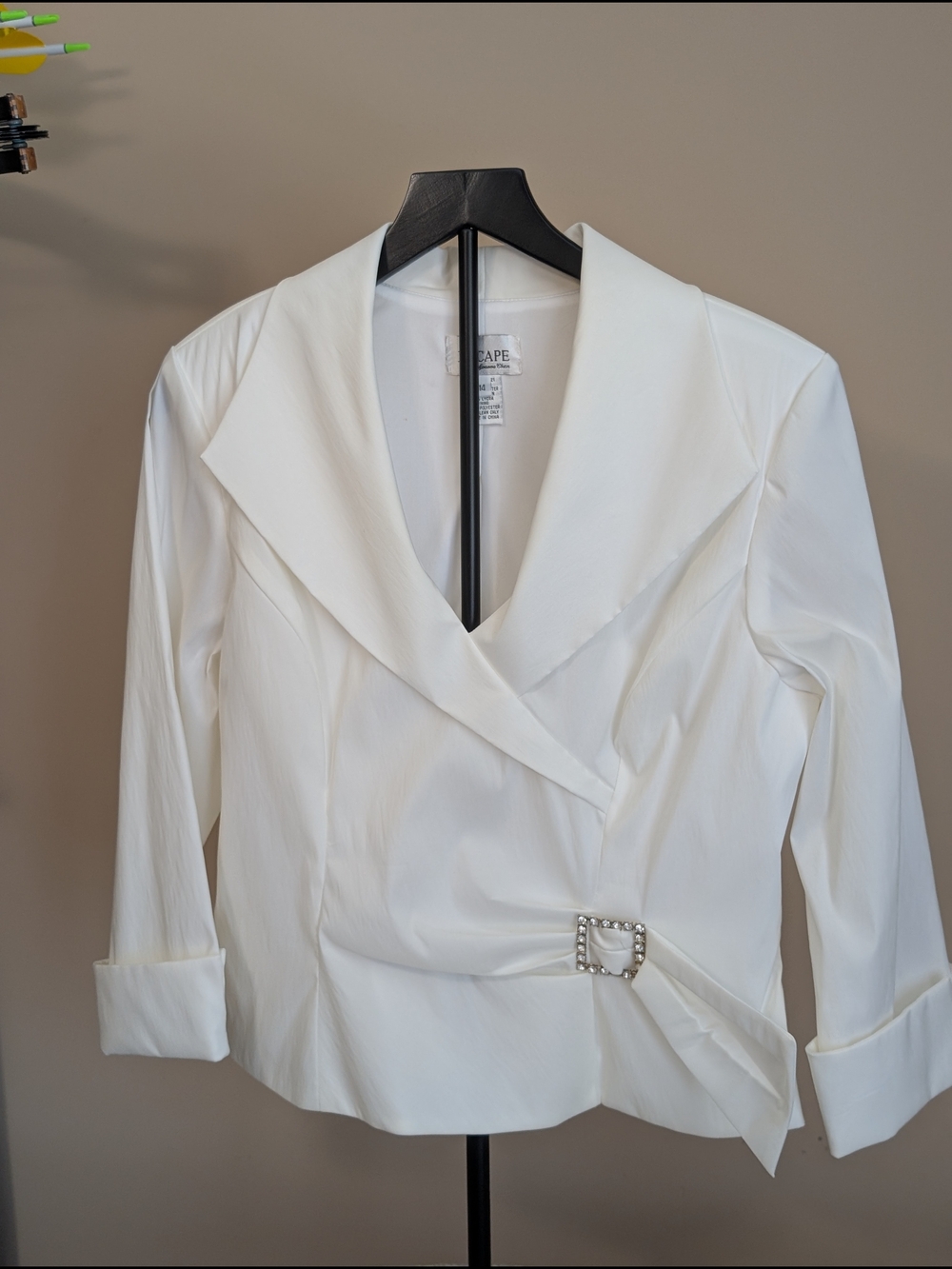 Xscape White Draped Wrap Blazer with Rhinestone Buckle